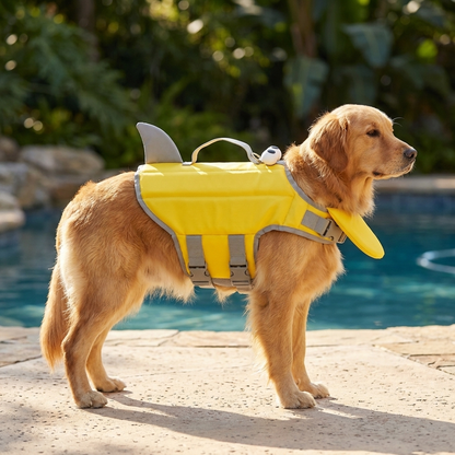 The Shark worn by a dog beside the pool